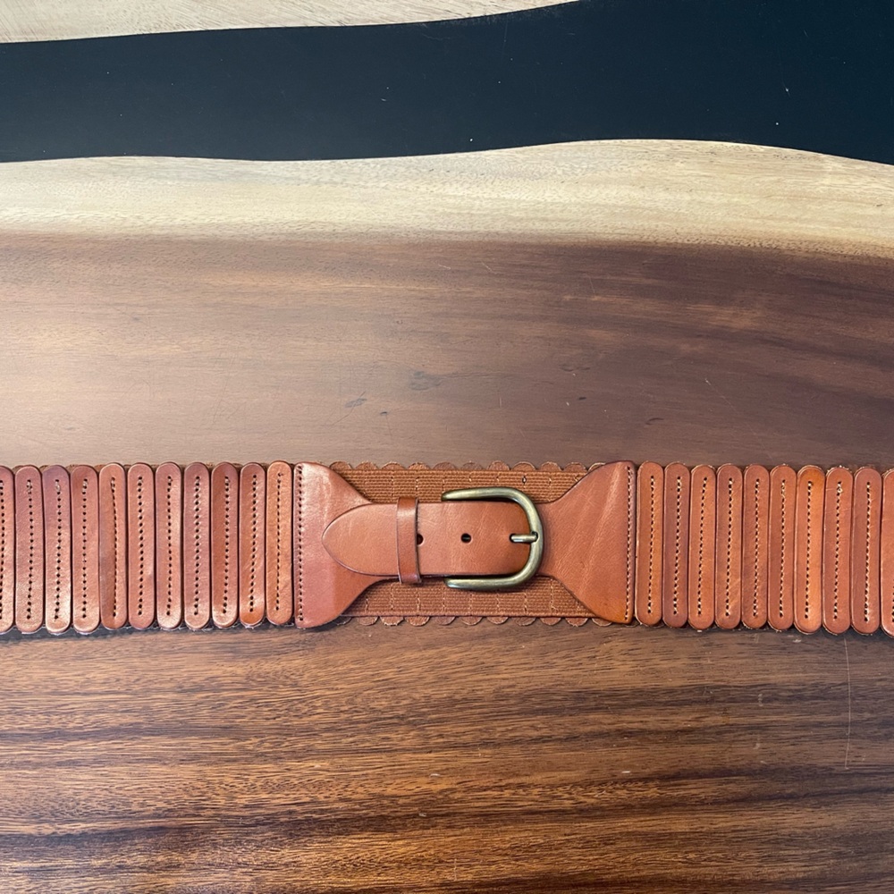 Anthropologie Tan Leather Scalloped Wide Belt with Brass Buckle